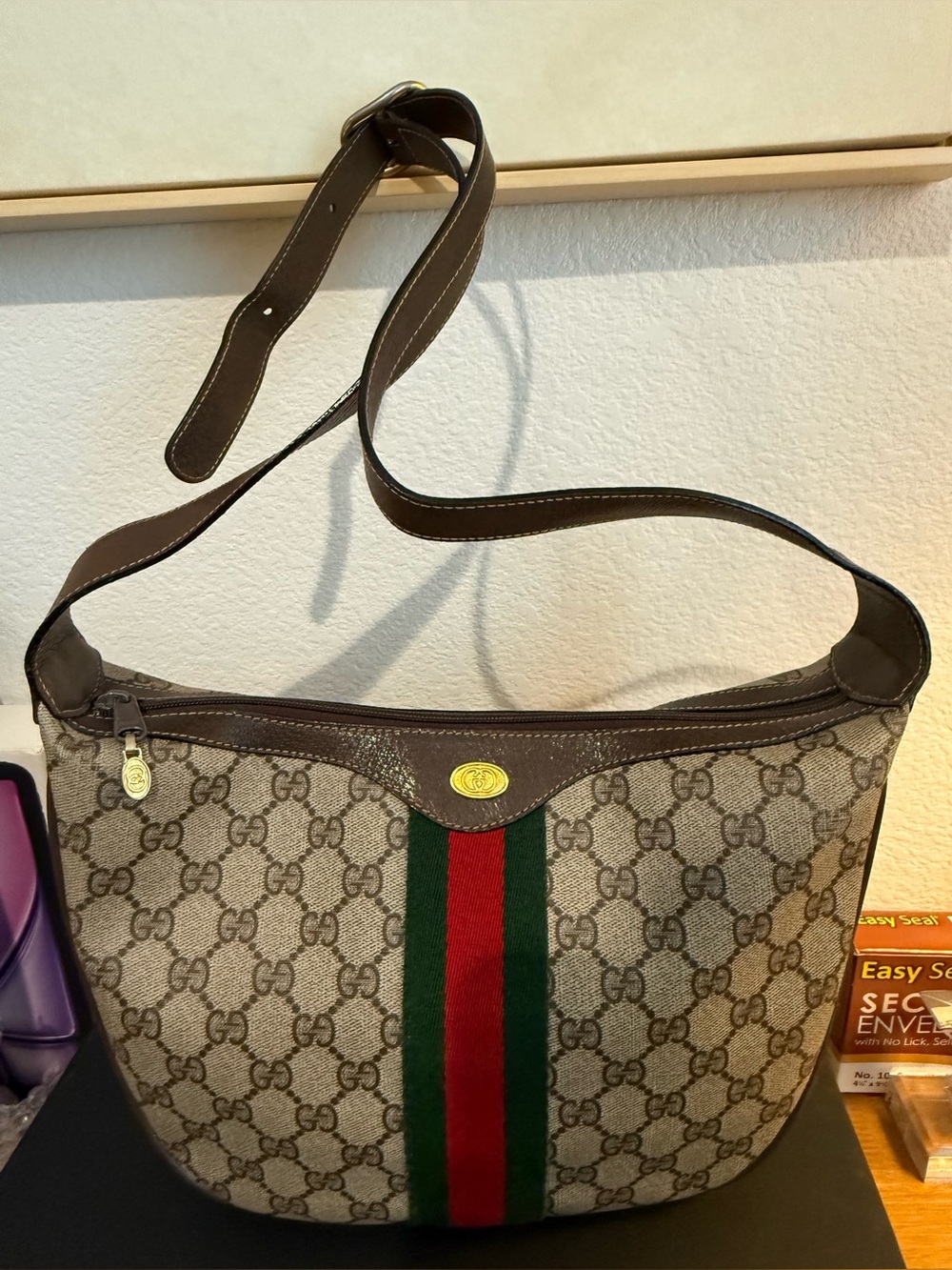 Gucci Brown Monogram Canvas Shoulder Bag with Red & Green Web Stripe